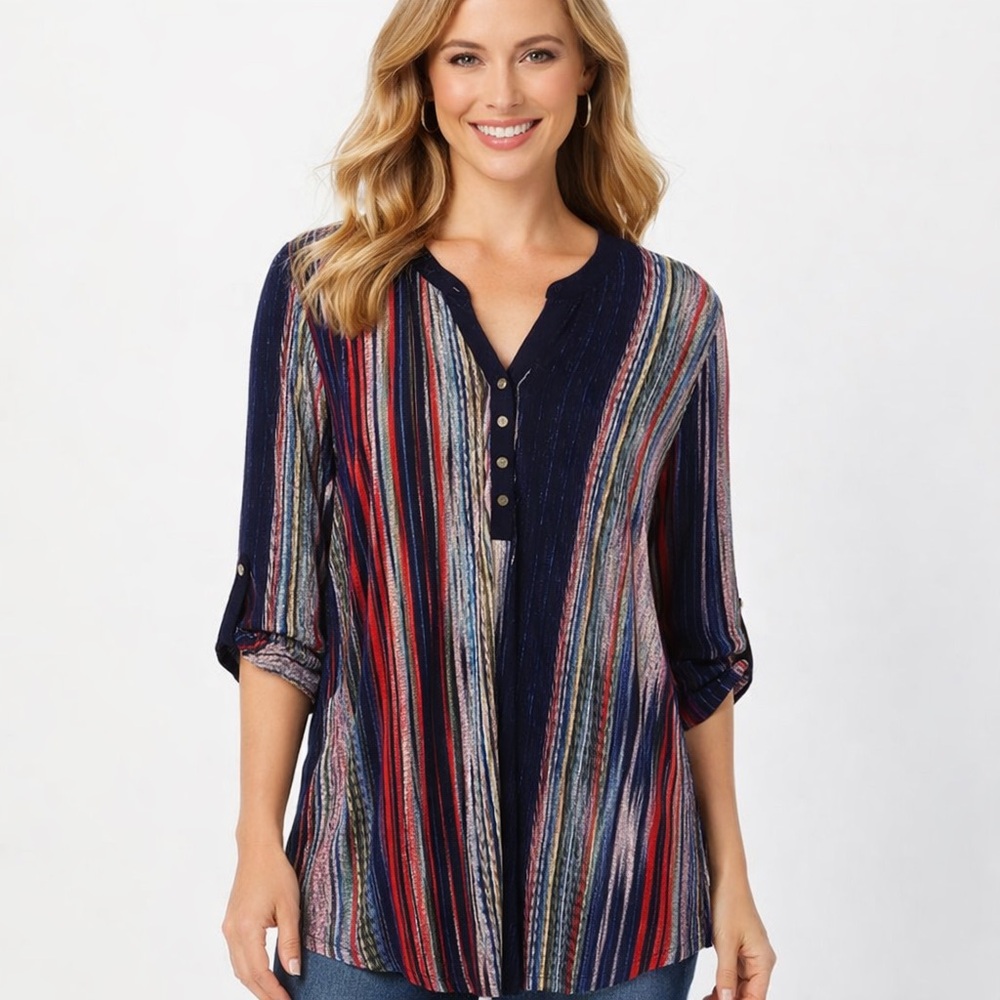 Cato Multicolor Striped Tunic Blouse Roll Tab Sleeve Stretch Top Medium